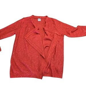 Anne Klein Womens Red Sequin Cardigan Sweater Open Front Draped Collar Lg